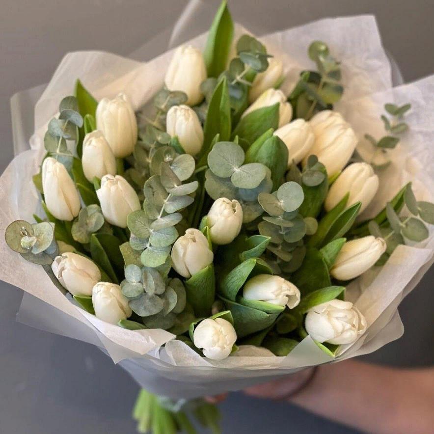 Букет из 21 белого тюльпана с эвкалиптом