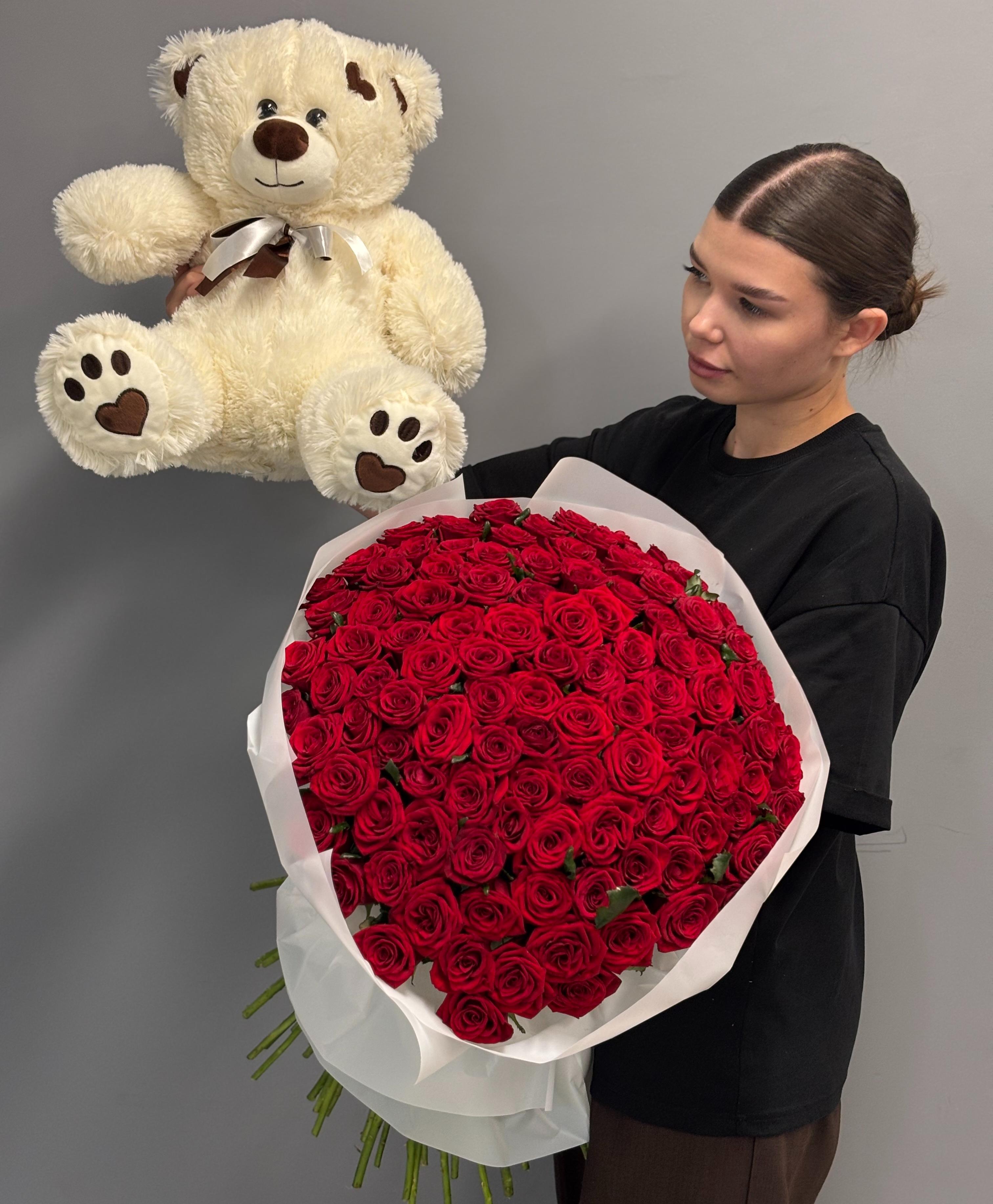 101 красная роза 50/60 см + Мишка 65 см