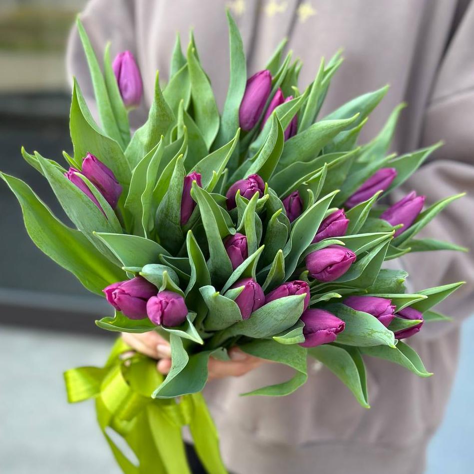 Букет из 25 фиолетовых тюльпанов под ленту